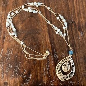 Gold and Blue Bead Necklace Teardrop Medallion Long Statement Necklace